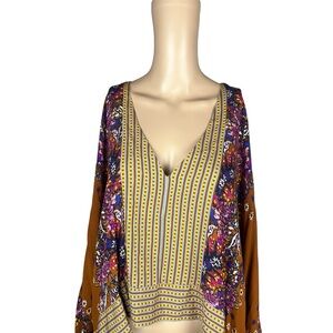 Free People mix match Blouse v neck cropped Kimono sleeve Rust Combo large